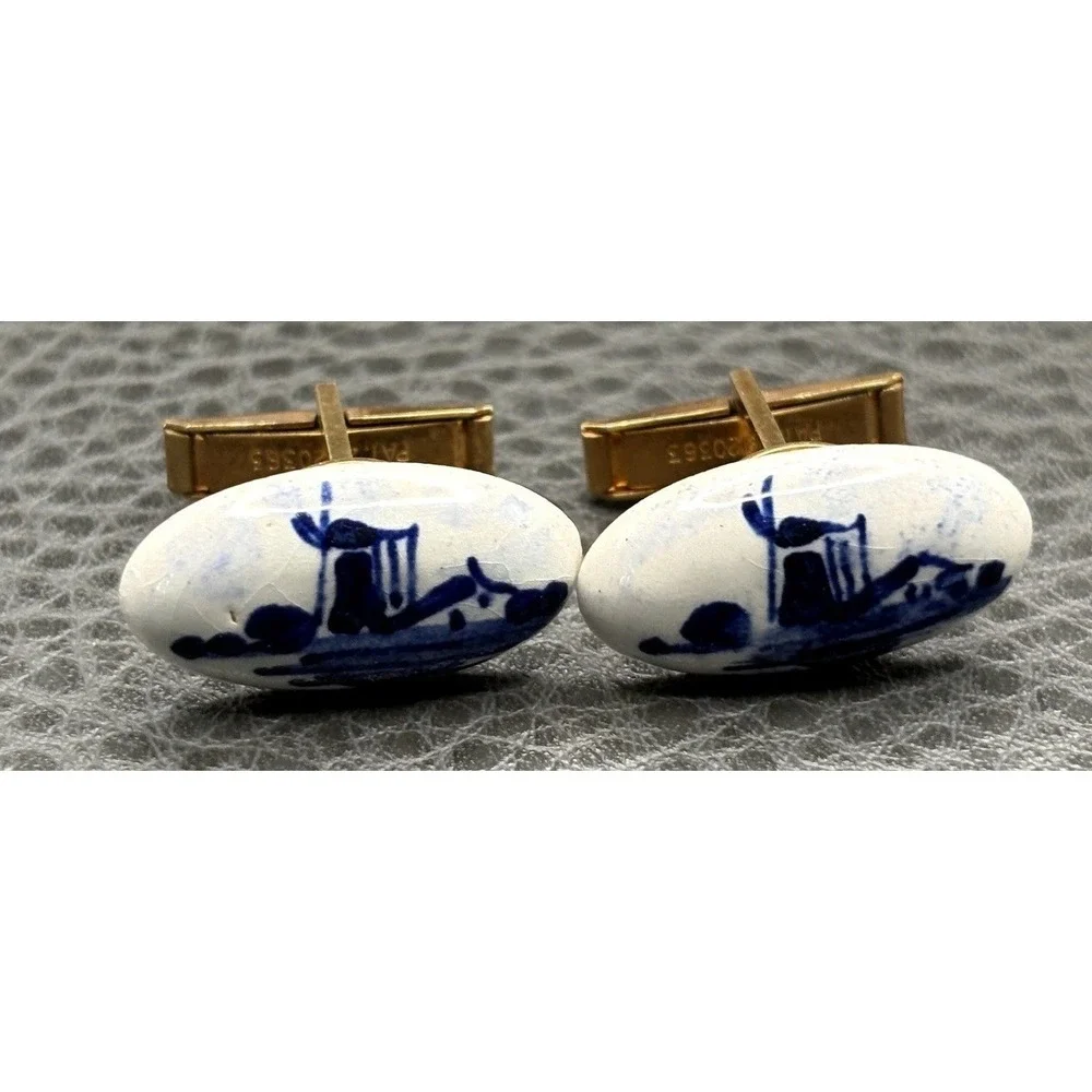 Vintage Delft Blue Windmill Ceramic Pottery Gold Tone Cufflinks